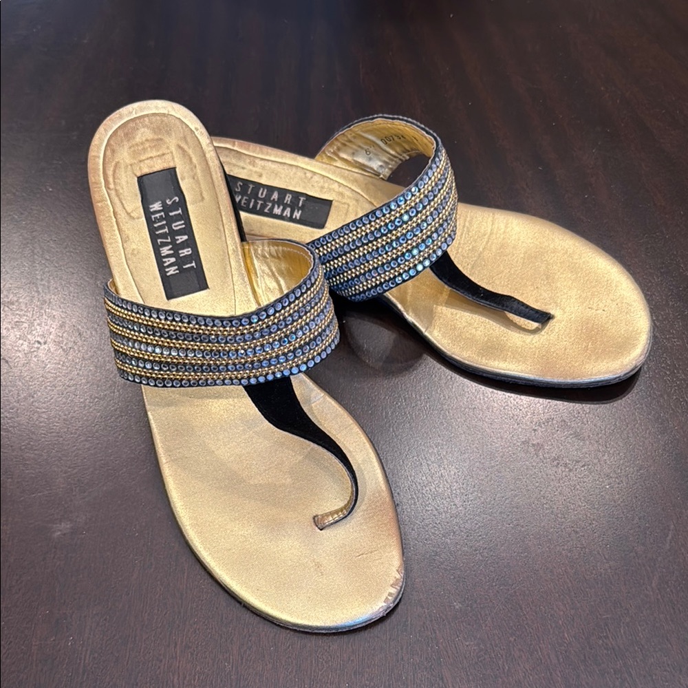 Stuart Weitzman Gold Sandals with Rhinestone Straps